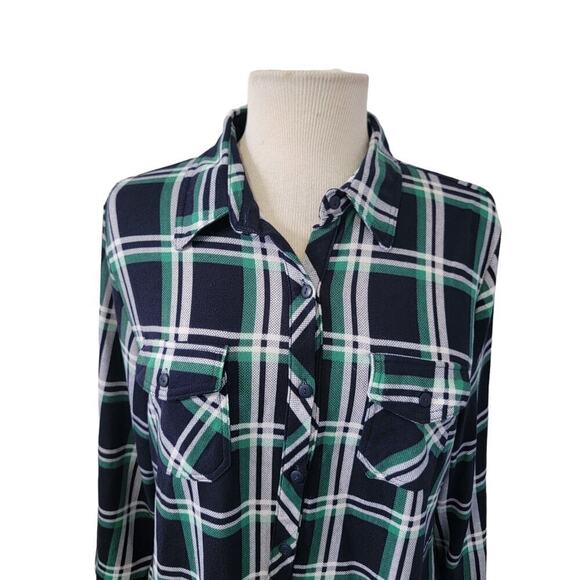 Eden & Olivia Long Sleeve Rollable Sleeve Button Front Plaid Checkered Shirt  L - Picture 7 of 9